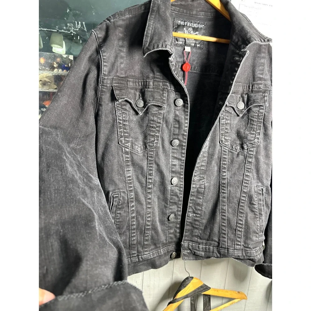 True Religion Mens Washed Black Denim Trucker Jacket Horseshoe Stitch 3XL